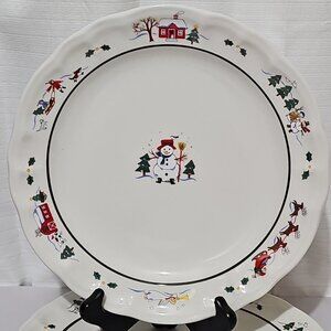 2 Pfaltzgraff Snow Village Dinner Plates 11" snowman Santa reindeer scalloped vt